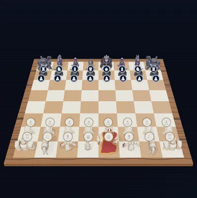 말 표식이 보이는 3D 체스 시작 판