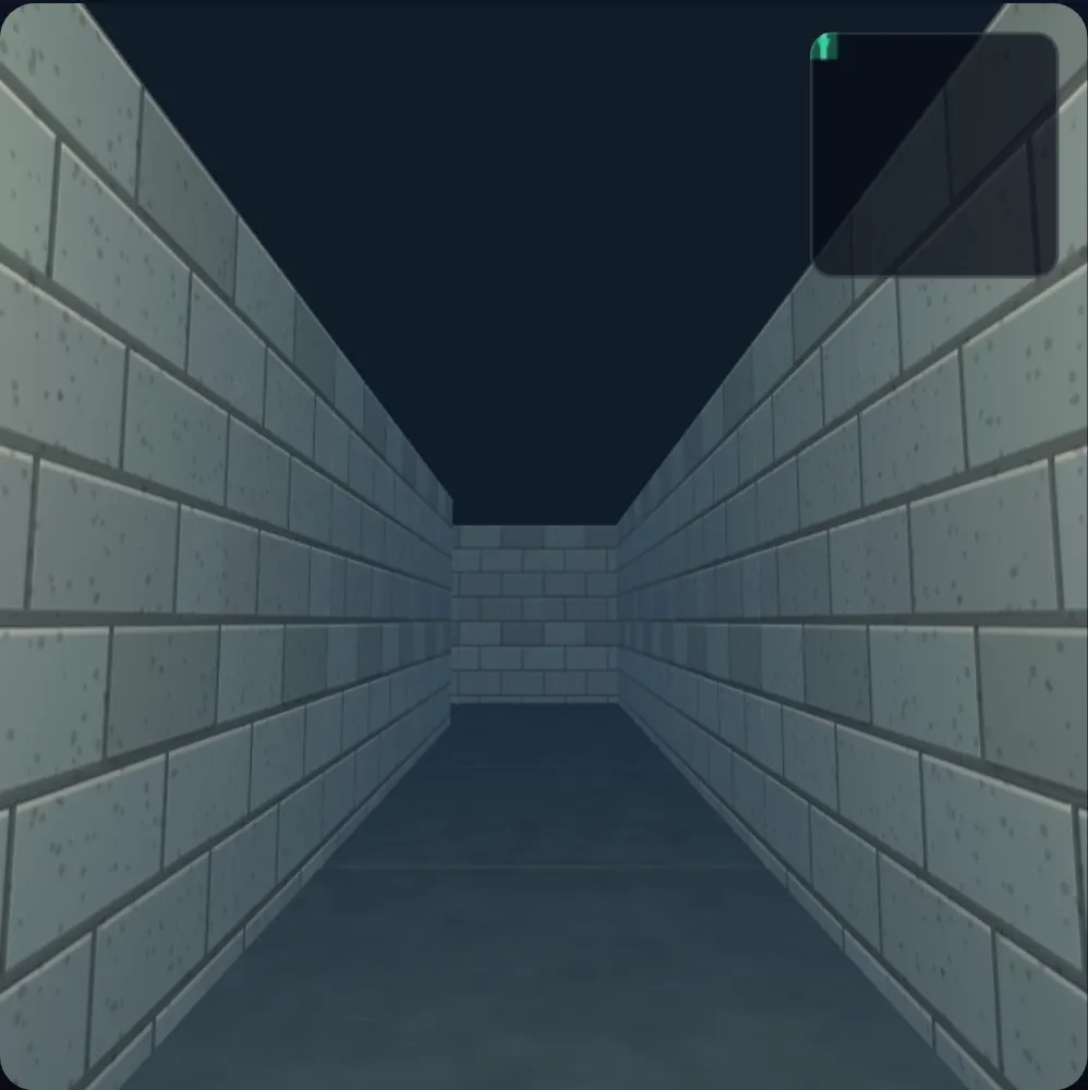 벽돌 통로와 오른쪽 위 미니맵이 보이는 3D 미로